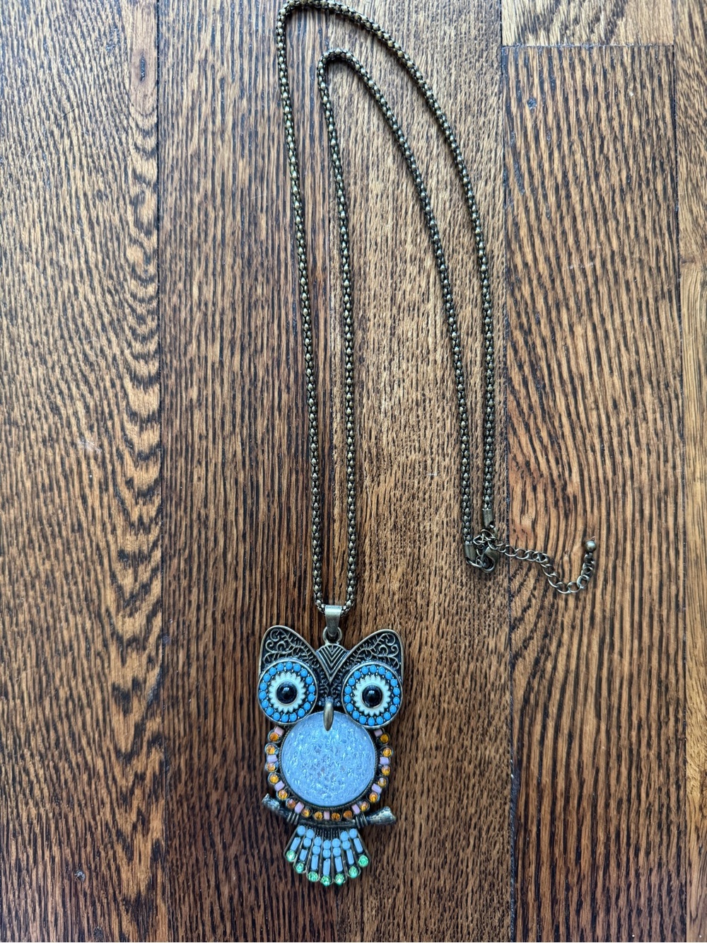 Bronze Owl Pendant Necklace with Blue Accents